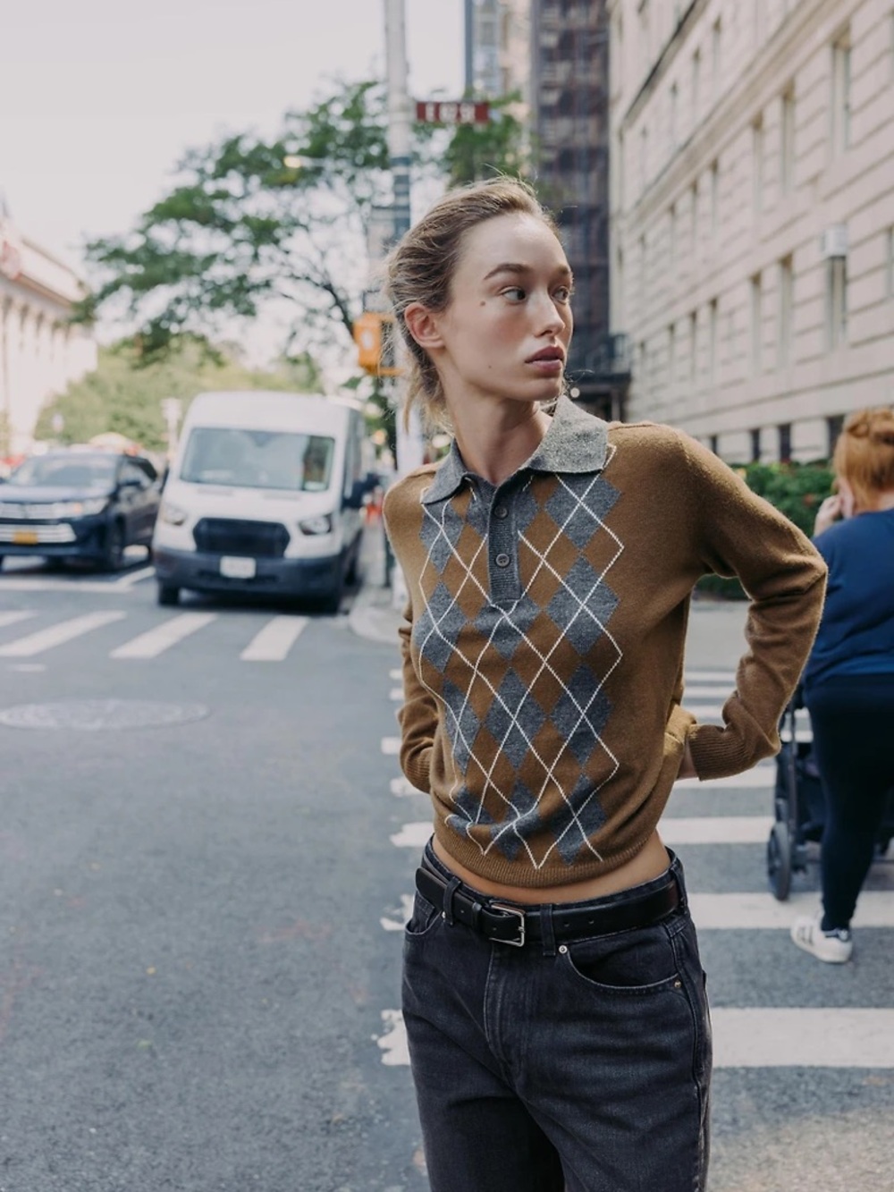 Zara Brown Argyle Polo Sweater with Gray Collar